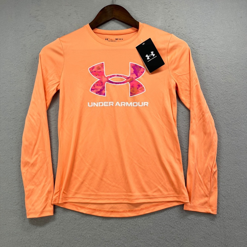 Under Armour Tech Shirt Girls M Orange Long Sleeve Logo Athletic Activewear NEW